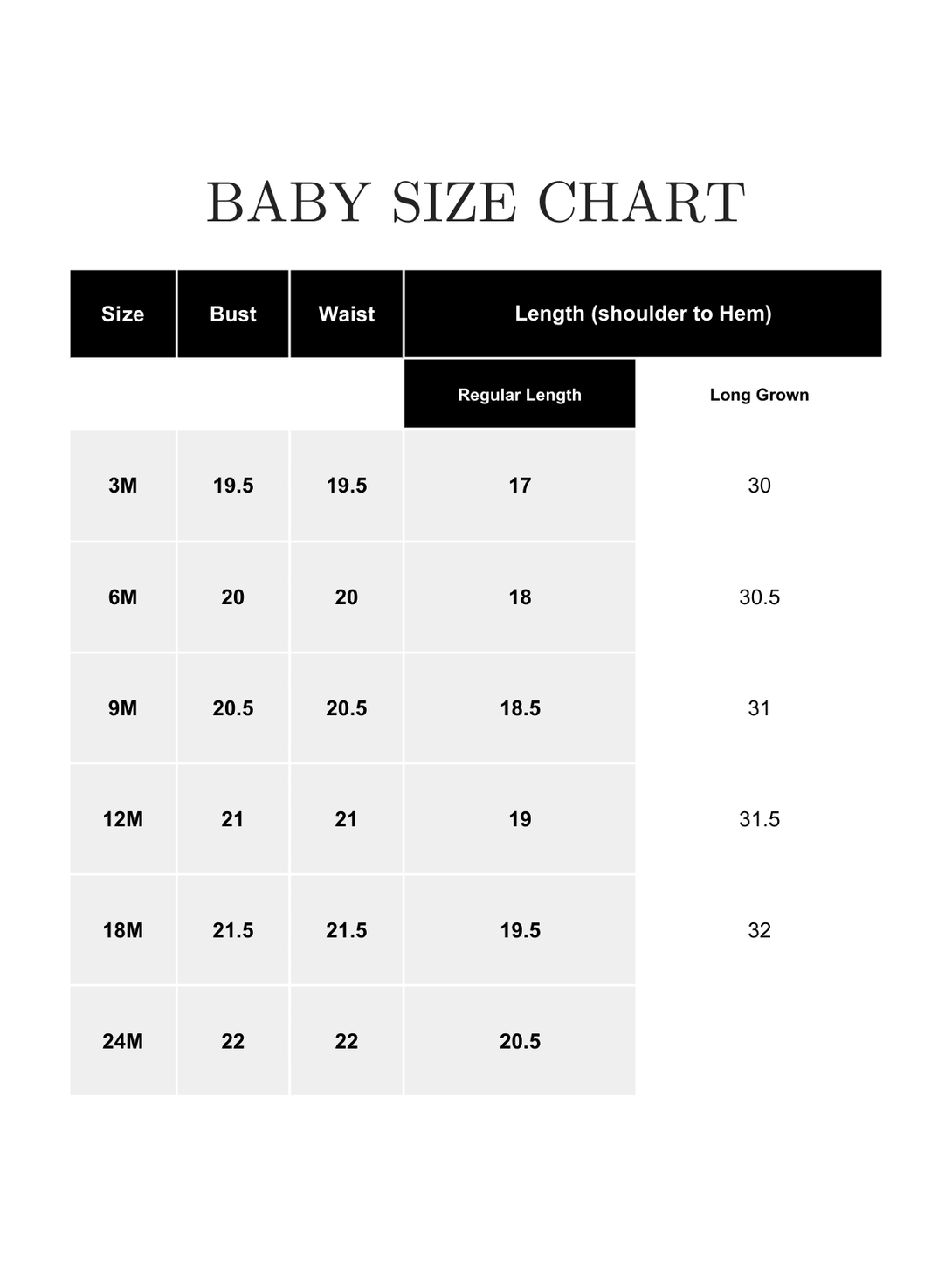 baby baptism dresses sizing chart