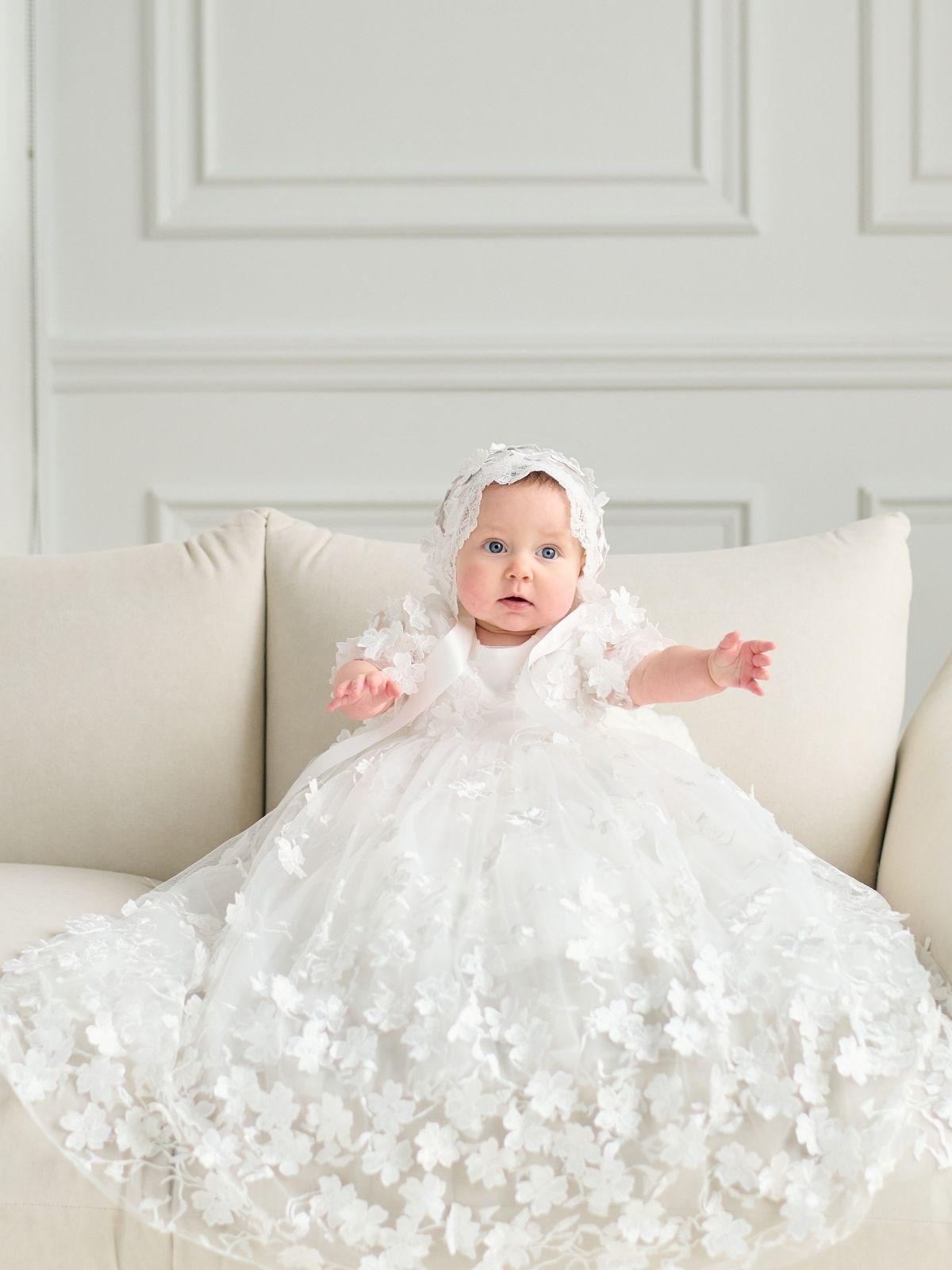 Baby Girl Long Baptism Dress Off-White 3D Floral Lace | Teter Warm