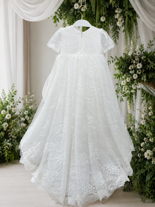 long christening dresses Ella Gown at Baby Beau & Belle Pair with her matching Ella lace bonnet or flower headband to complete this classic look Baby Girl Baptism & Christening