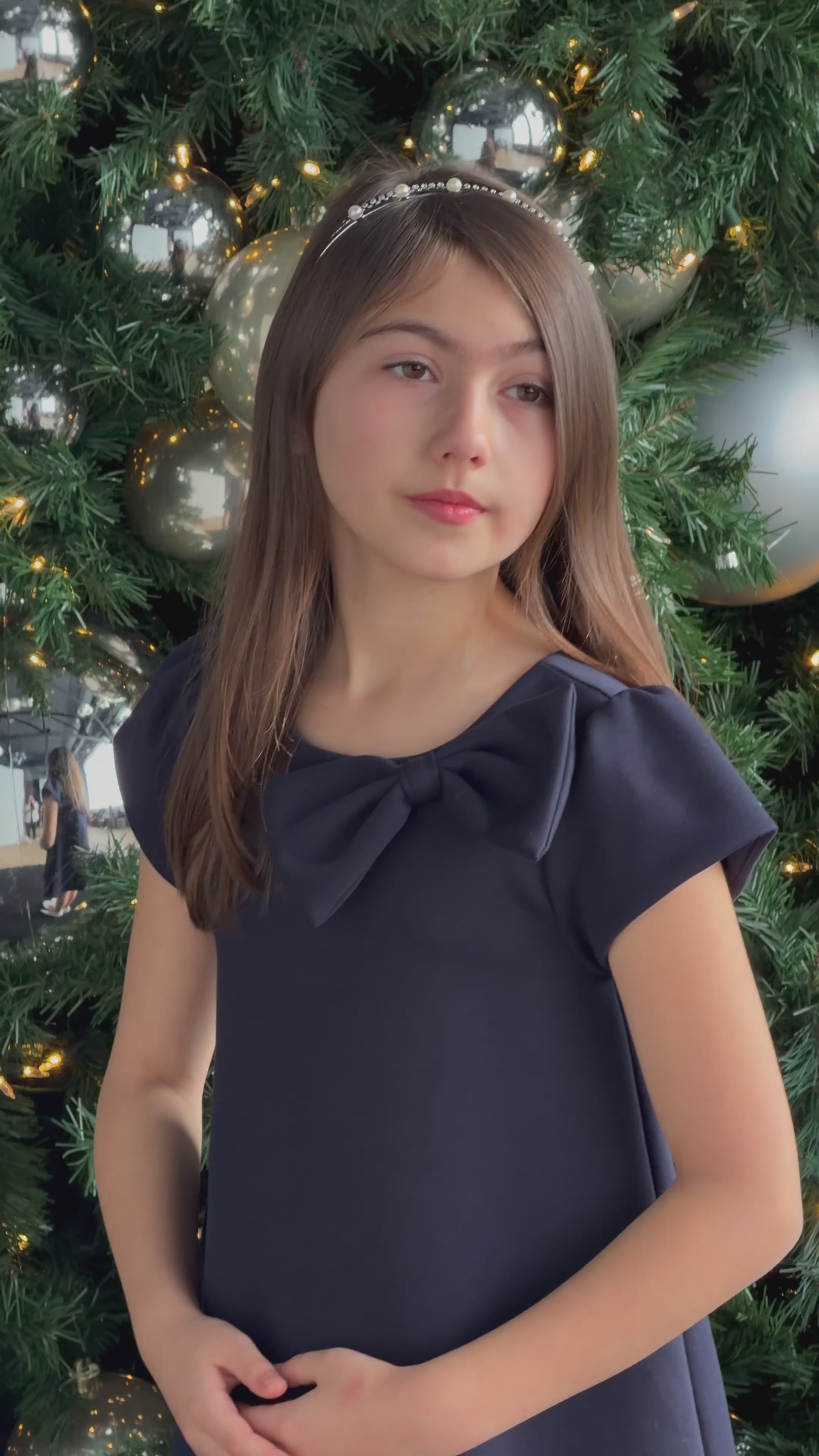 Girls Navy Blue Bow Party Dress Stephanie CS43 teter warm