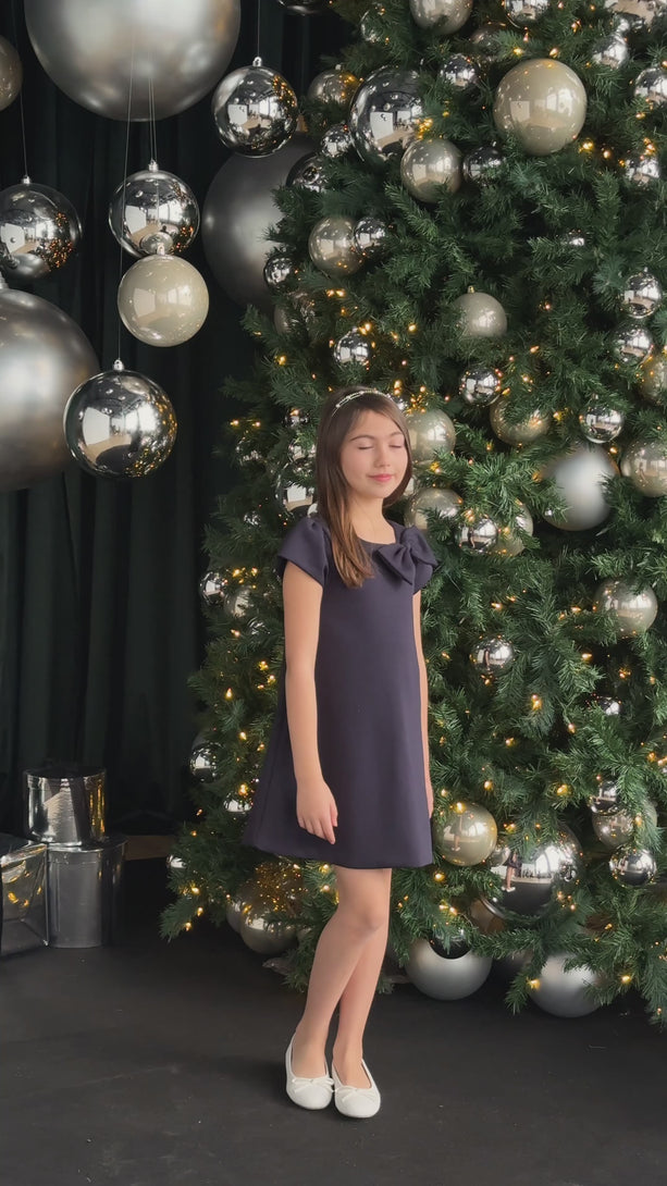 Girls Navy Blue Bow Party Dress Stephanie CS43 teter warm