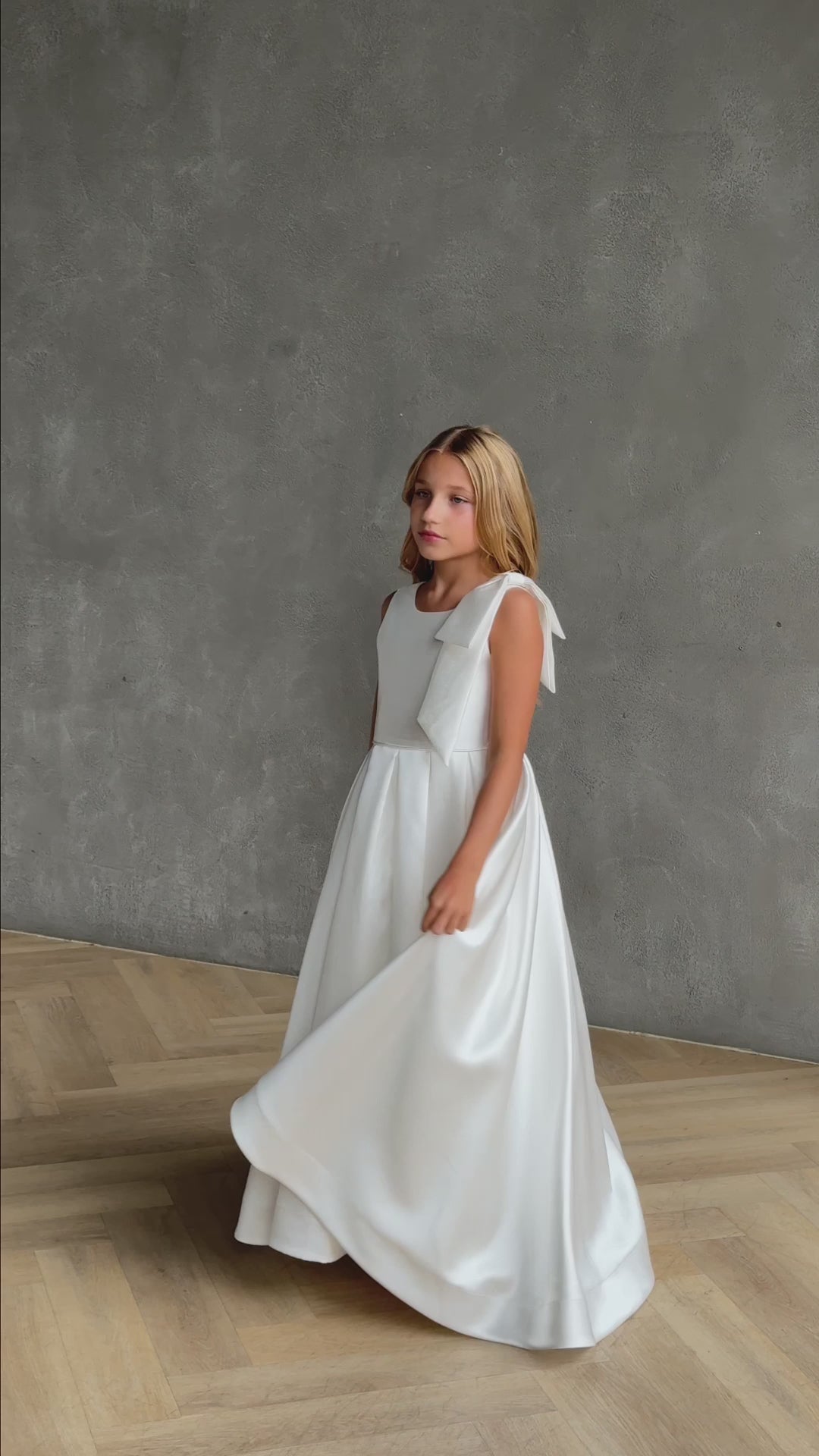 teterwarm communion girl white satin dress Addison