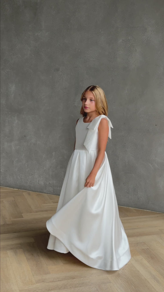 teterwarm communion girl white satin dress Addison