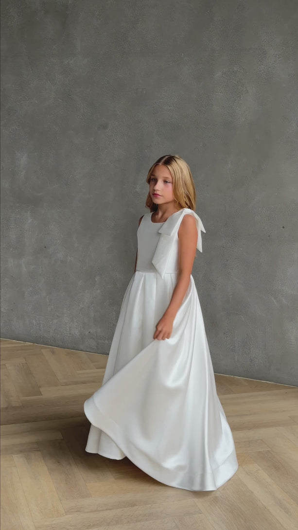 teterwarm communion girl white satin dress Addison