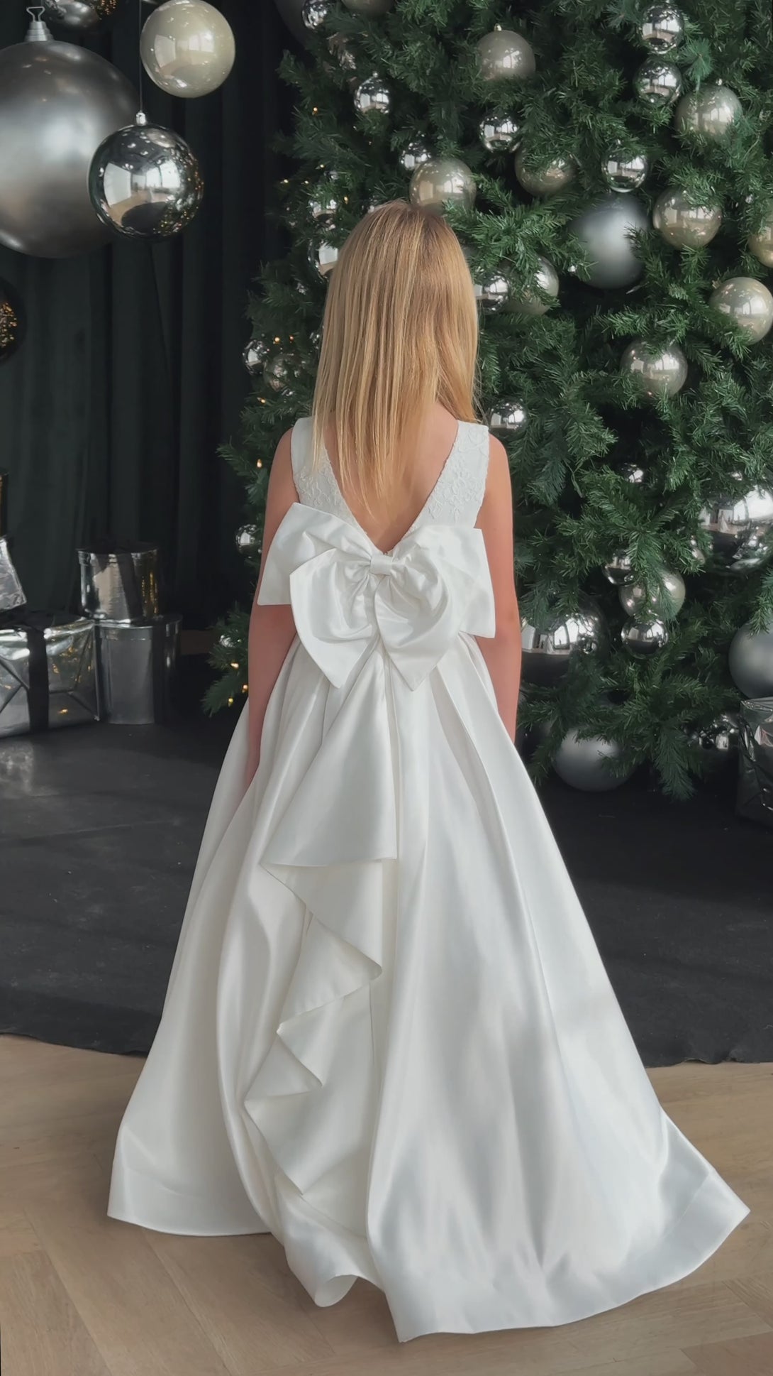 white silk communion dresses White Lace First Communion Dress: Long Puffy Sleeve Tulle Gown